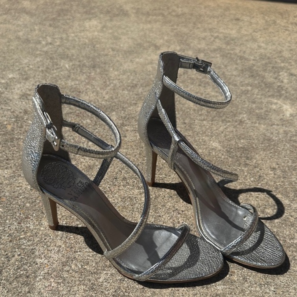 Vince Camuto Silver Metallic Strappy Ankle‑Wrap Heels